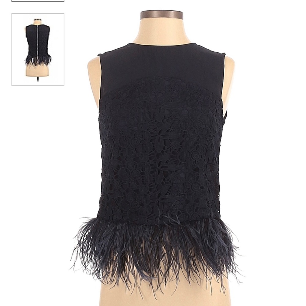 Greylin Black Lace Feather Hem Sleeveless Top